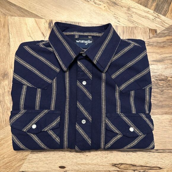 Wrangler Western Pearl Snap Navy Stripe Shirt Medium Y2K - Picture 5 of 11
